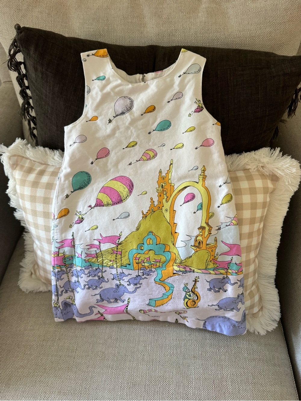 Dr. Seuss White Sleeveless Dress with Multicolor Balloon & Castle Print